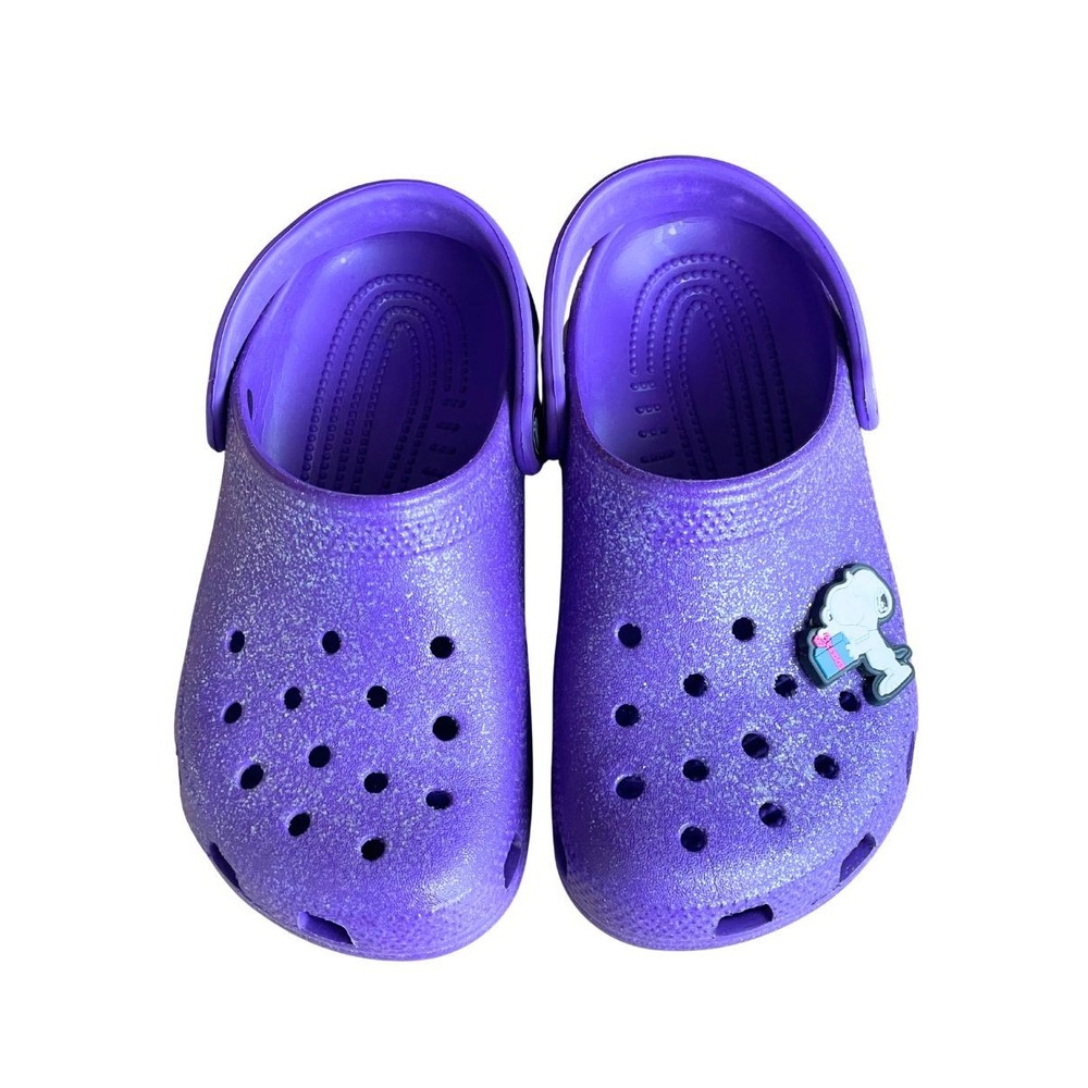 Crocs Kids J2 Purple Glitter Classic Clogs Sparkle Shoes Snoopy Jibbitz Charm